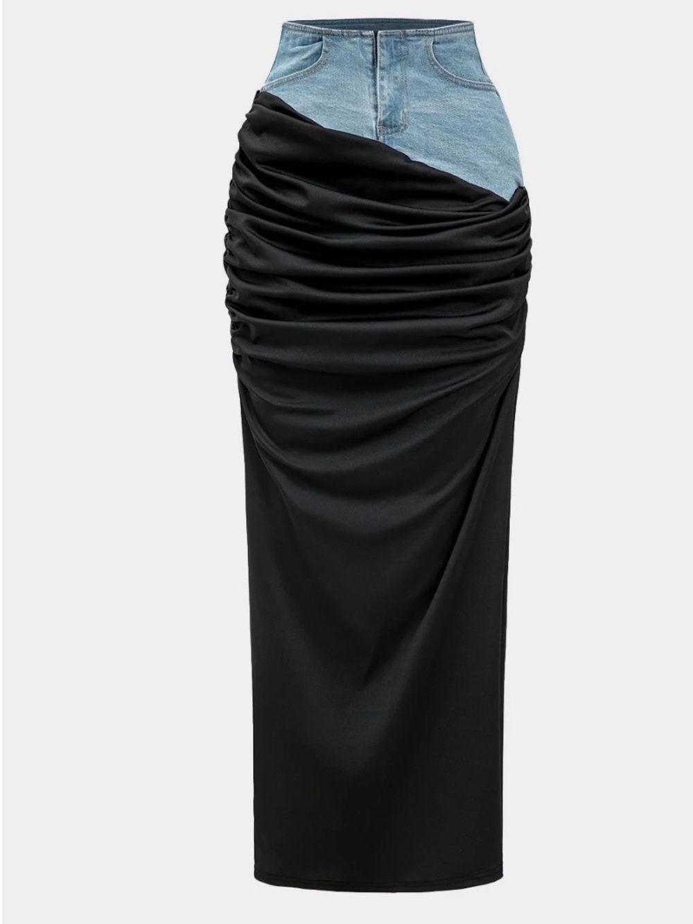 Mica’s Denim Waist Black Ruched Maxi Skirt